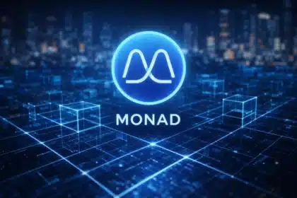 Monad blockchain logo glowing blue over a digital grid cityscape
