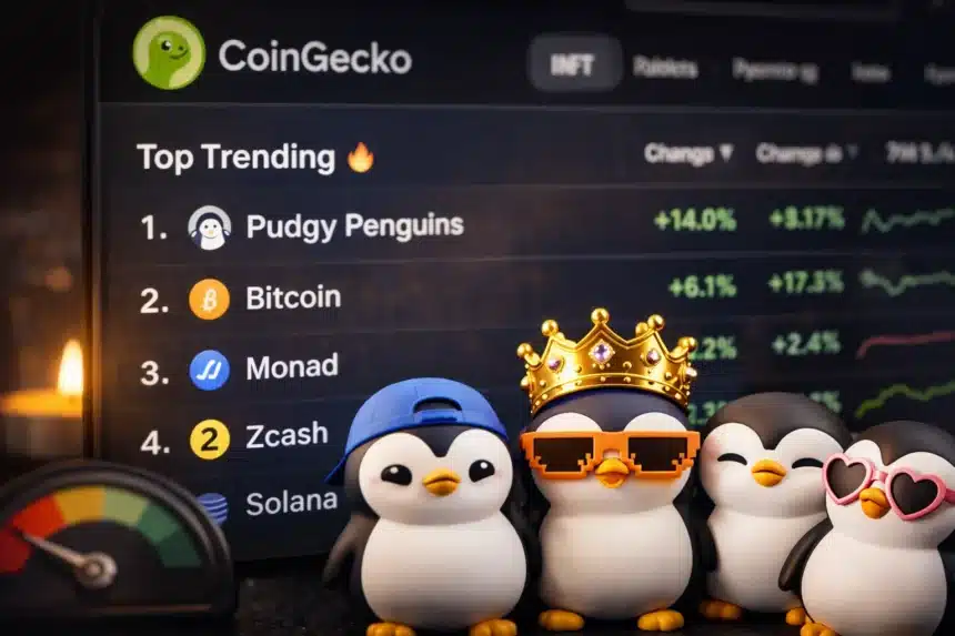 Pudgy Penguins figurines in front of CoinGecko top trending list
