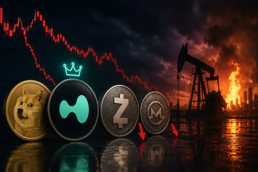 HYPE briefly surpassed Dogecoin in value, with Zcash and Monero declining 5% and 4% respectively, amidst US strikes on Iran and a surge in oil prices.