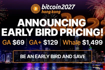 Bitcoin Asia 2027 Hong Kong banner announcing early bird pricing over the Hong Kong harbour skyline with fireworks