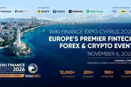 Wiki Finance Expo Cyprus 2026 hero image showing the Limassol waterfront skyline at golden hour
