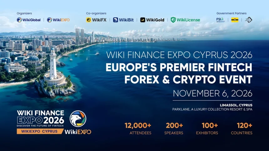 Wiki Finance Expo Cyprus 2026 hero image showing the Limassol waterfront skyline at golden hour
