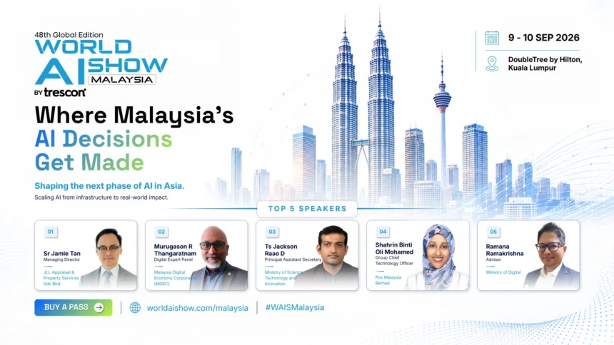 World AI Show Malaysia 2026 banner for the 48th Global Edition in Kuala Lumpur on 9 and 10 September, listing the top five speakers